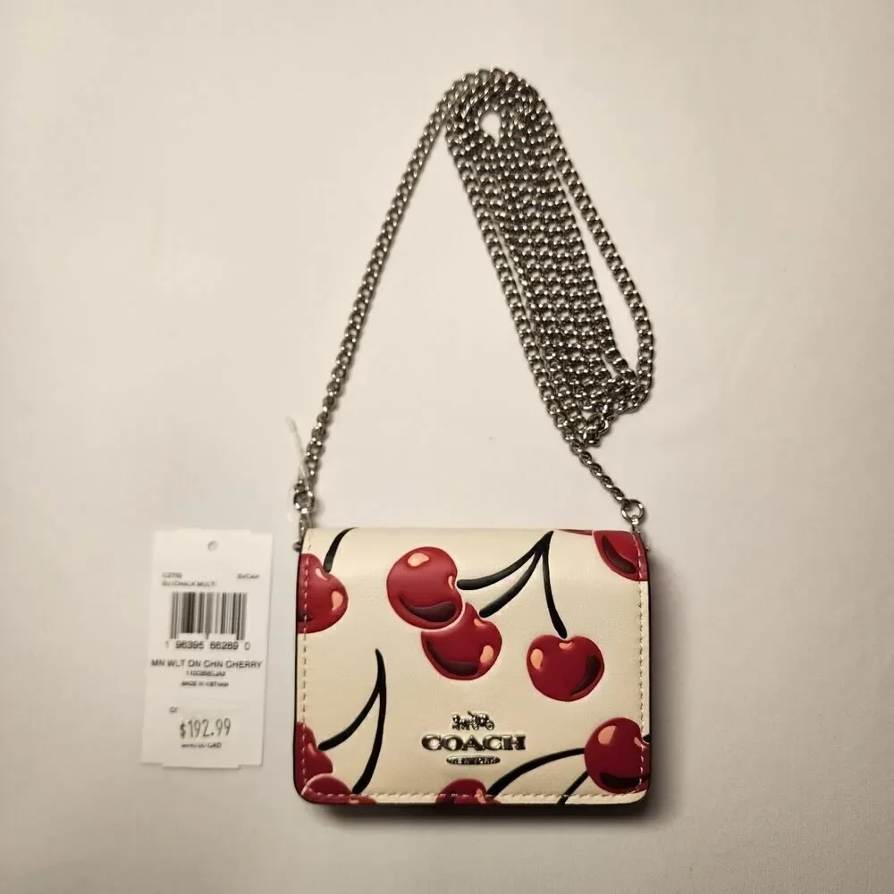 NWT Coach CZ759 Mini Wallet On a Chain Chalk Leather w/Cherry Print